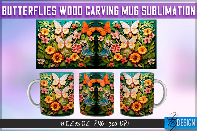 Butterflies Wood Carving 11|15 Oz Mug Sublimation Sublimation Fly Design 