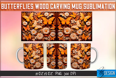 Butterflies Wood Carving 11|15 Oz Mug Sublimation Sublimation Fly Design 