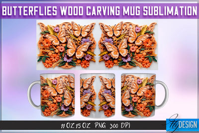 Butterflies Wood Carving 11|15 Oz Mug Sublimation Sublimation Fly Design 