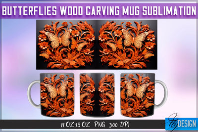 Butterflies Wood Carving 11|15 Oz Mug Sublimation Sublimation Fly Design 