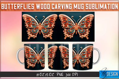 Butterflies Wood Carving 11|15 Oz Mug Sublimation Sublimation Fly Design 