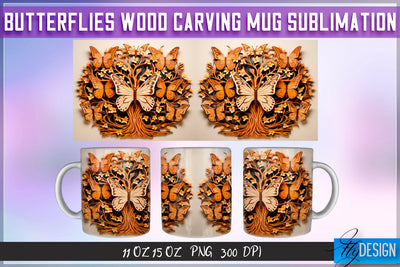 Butterflies Wood Carving 11|15 Oz Mug Sublimation Sublimation Fly Design 