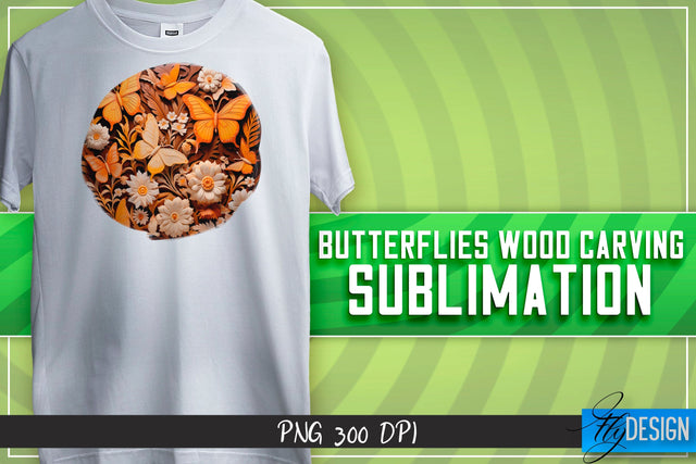 Butterflies Wood Carving Sublimation | T-Shirt Design Sublimation Fly Design 