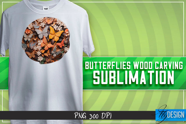 Butterflies Wood Carving Sublimation | T-Shirt Design Sublimation Fly Design 