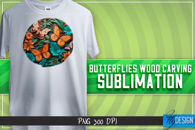 Butterflies Wood Carving Sublimation | T-Shirt Design Sublimation Fly Design 