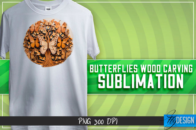 Butterflies Wood Carving Sublimation | T-Shirt Design Sublimation Fly Design 