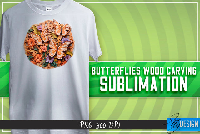 Butterflies Wood Carving Sublimation | T-Shirt Design Sublimation Fly Design 