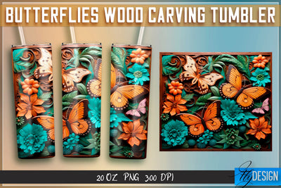Butterflies Wood Carving Tumblers Wrap 20 oz. Sublimation Fly Design 