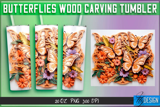Butterflies Wood Carving Tumblers Wrap 20 oz. Sublimation Fly Design 