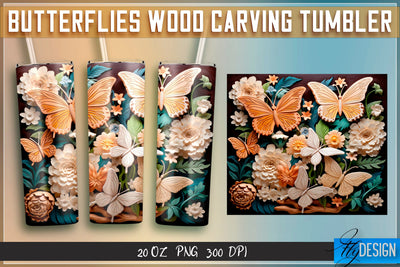 Butterflies Wood Carving Tumblers Wrap 20 oz. Sublimation Fly Design 