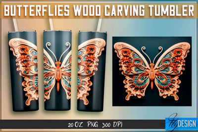 Butterflies Wood Carving Tumblers Wrap 20 oz. Sublimation Fly Design 