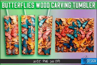 Butterflies Wood Carving Tumblers Wrap 20 oz. Sublimation Fly Design 