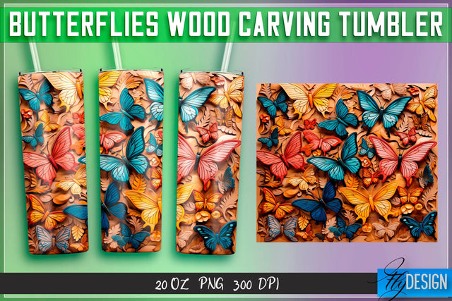 Butterflies Wood Carving Tumblers Wrap 20 oz. Sublimation Fly Design 