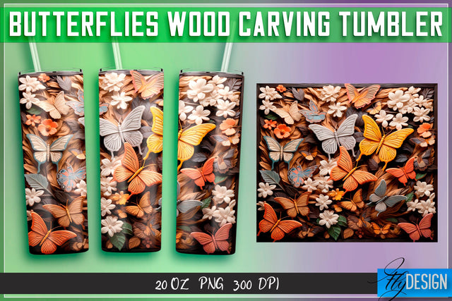 Butterflies Wood Carving Tumblers Wrap 20 oz. Sublimation Fly Design 