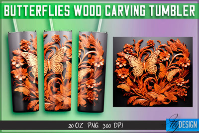 Butterflies Wood Carving Tumblers Wrap 20 oz. Sublimation Fly Design 