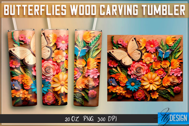 Butterflies Wood Carving Tumblers Wrap 20 oz. Sublimation Fly Design 