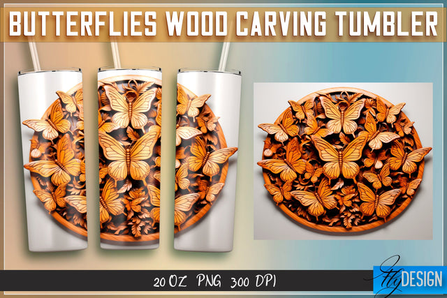 Butterflies Wood Carving Tumblers Wrap 20 oz. Sublimation Fly Design 