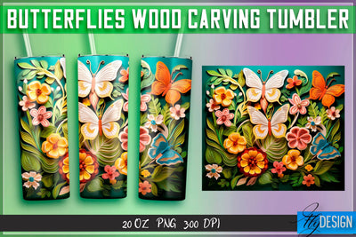 Butterflies Wood Carving Tumblers Wrap 20 oz. Sublimation Fly Design 