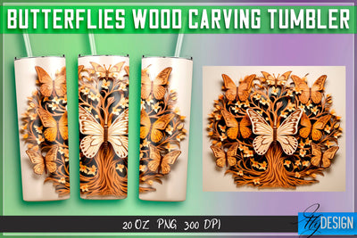 Butterflies Wood Carving Tumblers Wrap 20 oz. Sublimation Fly Design 