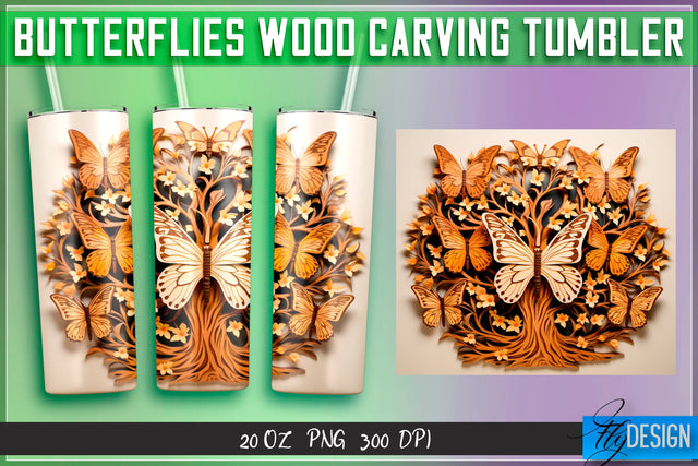 Butterflies Wood Carving Tumblers Wrap 20 oz. Sublimation Fly Design 