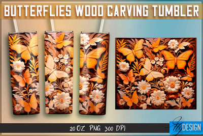 Butterflies Wood Carving Tumblers Wrap 20 oz. Sublimation Fly Design 
