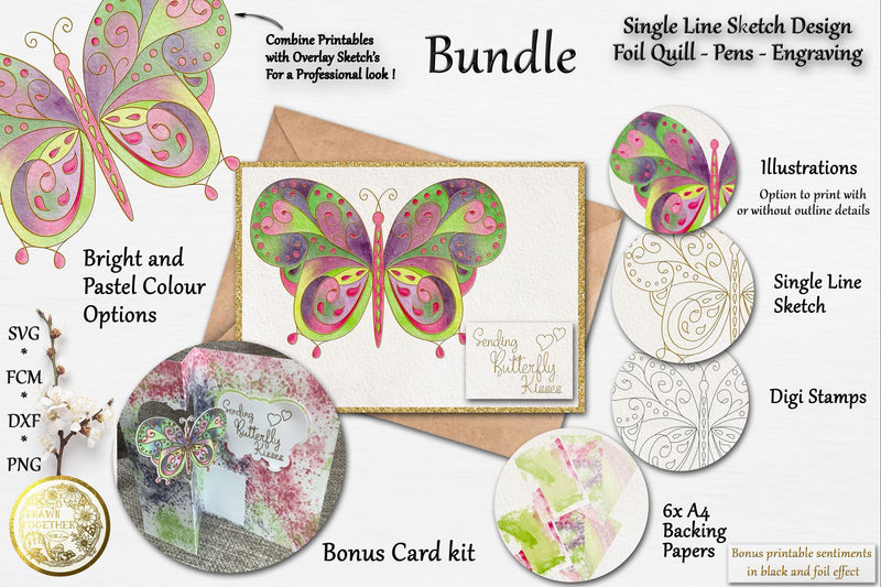 Butterfly 1 - Illustrations|Single line|Digi|Card Kit|Bundle SVG DrawnTogether with love 