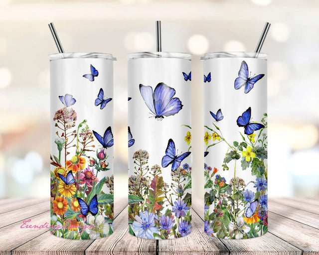 Butterfly 20 oz Skinny Straight Sublimation Design Floral PNG for 20oz Skinny Tumbler, Flower PNG Wrap, Flower Tumbler Design Sublimation TrendingDesign 