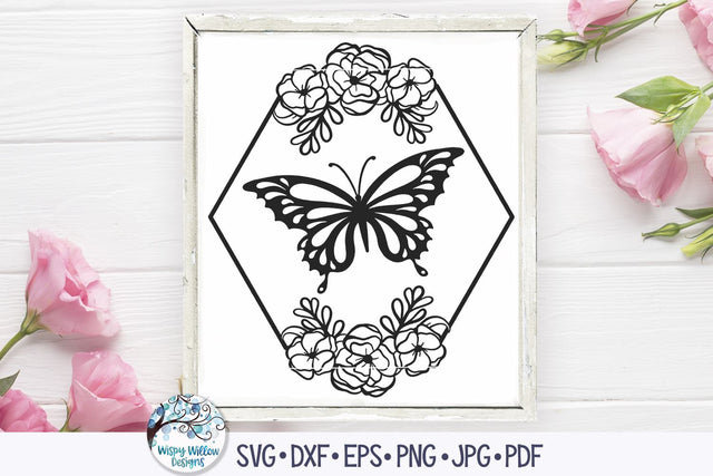 Butterfly and Flowers Hexagon Frame SVG SVG Wispy Willow Designs 
