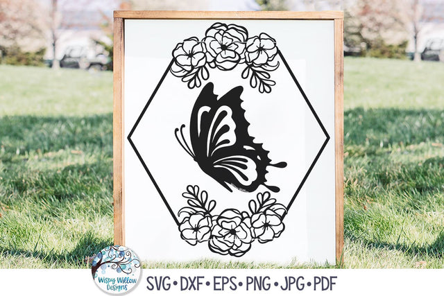 Butterfly and Flowers Hexagon Frame SVG SVG Wispy Willow Designs 