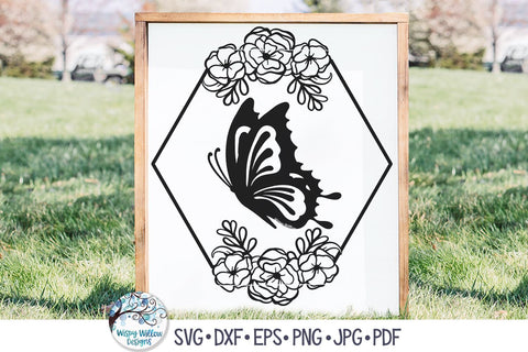 Butterfly and Flowers Hexagon Frame SVG SVG Wispy Willow Designs 