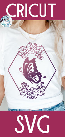 Butterfly and Flowers Hexagon Frame SVG SVG Wispy Willow Designs 