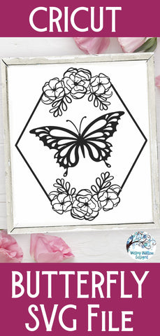 Butterfly and Flowers Hexagon Frame SVG SVG Wispy Willow Designs 