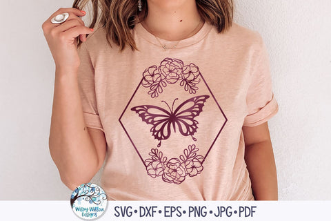 Butterfly and Flowers Hexagon Frame SVG SVG Wispy Willow Designs 