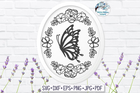 Butterfly and Flowers Oval Frame SVG SVG Wispy Willow Designs 