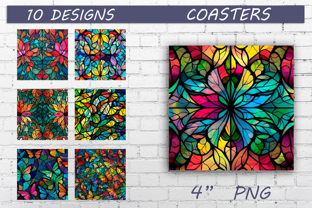 Butterfly and flowers stained glass png, Square coaster sublimation Sublimation AnastasiyaArtDesign 