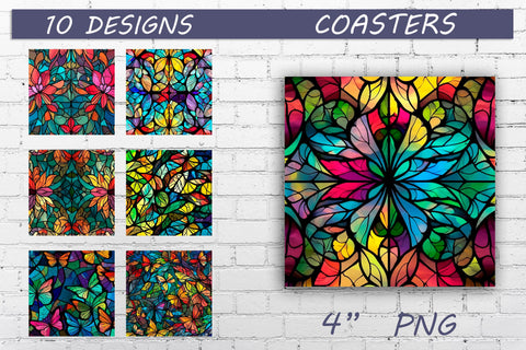 Butterfly and flowers stained glass png, Square coaster sublimation Sublimation AnastasiyaArtDesign 