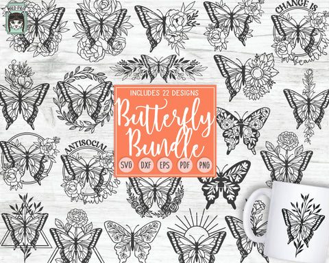 Butterfly Bundle SVG File, Butterfly Floral SVG file, Butterfly Flower svg, Butterflies cut file, Butterfly Wreath svg, Antisocial svg, Leaves svg SVG Wild Pilot 