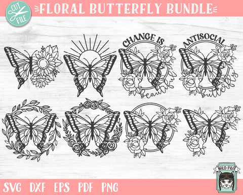 Butterfly Bundle SVG File, Butterfly Floral SVG file, Butterfly Flower svg, Butterflies cut file, Butterfly Wreath svg, Antisocial svg, Leaves svg SVG Wild Pilot 