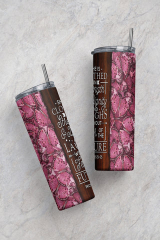 Butterfly Christian Bible Verse Tumbler, 20oz Skinny Tumbler She is Clothed in Strength,tumbler PNG Sublimation CaldwellArt 
