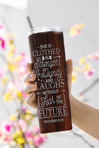Butterfly Christian Bible Verse Tumbler, 20oz Skinny Tumbler She is Clothed in Strength,tumbler PNG Sublimation CaldwellArt 