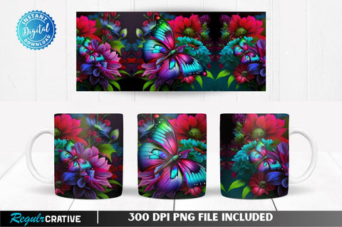 Butterfly Color Flowers 11, 12 & 15 Oz Mug Sublimation Sublimation Regulrcrative 