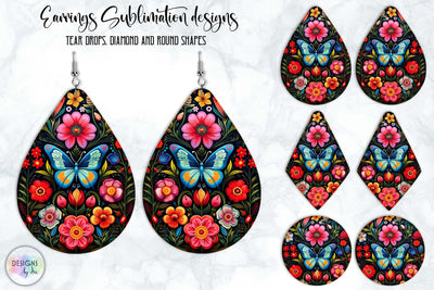 Butterfly Earrings Sublimation Set | Teardrop Earrings Design | Folk Art Style SVG Designs by Ira 