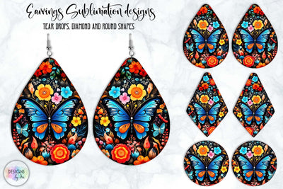 Butterfly Earrings Sublimation | Teardrop Earrings With Butterfly and Floral Ornament SVG Designs by Ira 