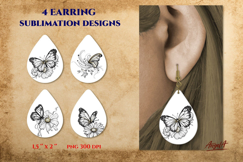 Butterfly earrings. Teardrop Earring sublimation bundle. PNG Sublimation Angelina Semenova 