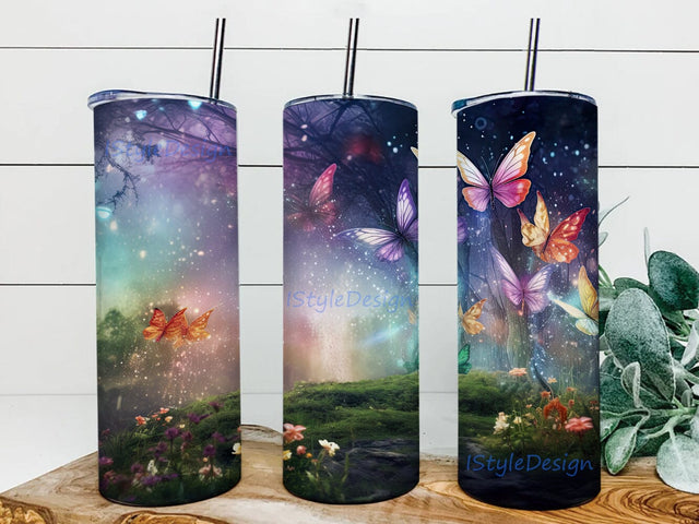 Butterfly Fantasy Forest 20oz Skinny Tumbler Png, Colored Rainbow Fairy Butterflies Png, Butterflies Forest Tumbler, Colorful Floral Tumbler, Sublimation Designs Sublimation iStyleDesign 