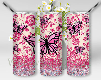 Butterfly Floral 20oz Tumbler Png, Warrior Breast Cancer Design Tumbler, Flower Pink Glitter Full Tumbler Wrap, Awareness Sublimation Design, Digital Download Sublimation WillowSageDesign 