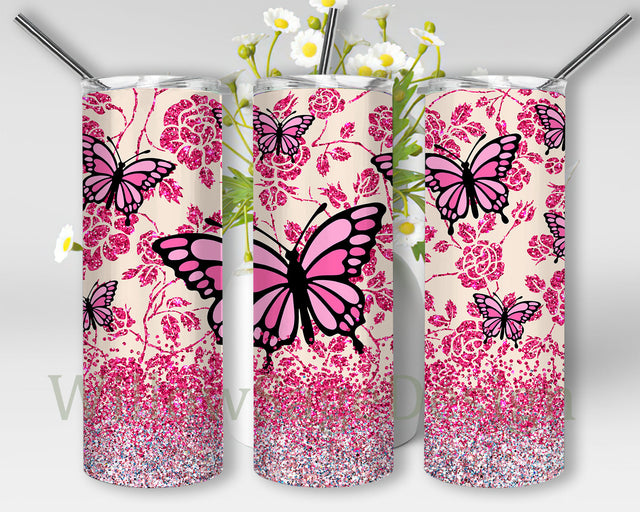 Butterfly Floral 20oz Tumbler Png, Warrior Breast Cancer Design Tumbler, Flower Pink Glitter Full Tumbler Wrap, Awareness Sublimation Design, Digital Download Sublimation WillowSageDesign 