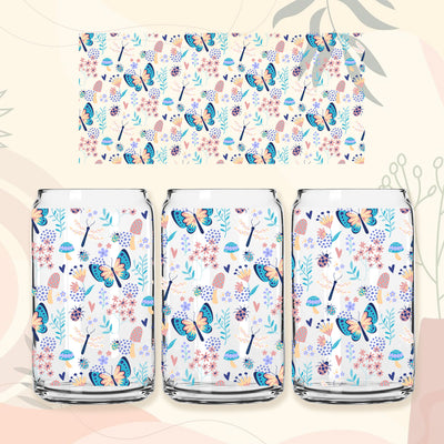 Butterfly Flower 16 oz Libbey Glass Can Tumbler Sublimation Design, Butterfly summer Libbey Glass Can Wrap Sublimation PrintingLife 