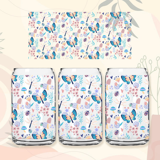 Butterfly Flower 16 oz Libbey Glass Can Tumbler Sublimation Design, Butterfly summer Libbey Glass Can Wrap Sublimation PrintingLife 