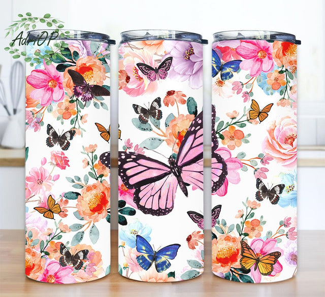 Butterfly Flower Glitter 20oz Skinny Tumbler Png, Butterfly Sublimation Design, Watercolor Butterfly Floral Tumbler, Butterflies Flowers Tumbler Sublimation AdriOP 